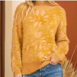 Voy Floral and Stripe Mix Fuzzy Sweater Size Large Pink Brown Mock Neck